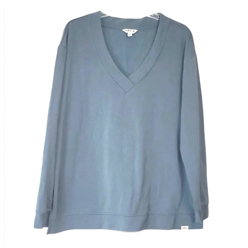 ORVIS Super Soft Fleece BLUE V-NECK SWEATSHIRT Dropped Shoulders GRAYISH BLUE S